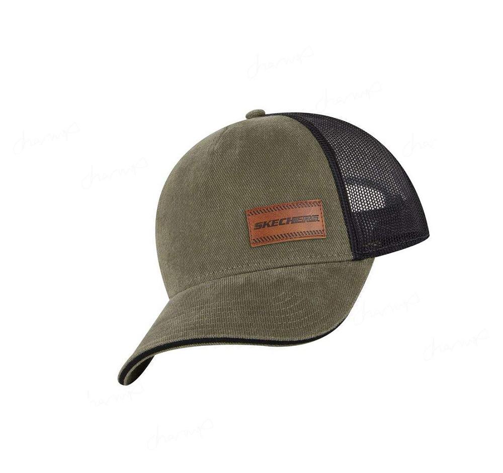 Sombreros Skechers Washed Cuero Patch Trucker Hombre Verde Oliva | I61AK_AR